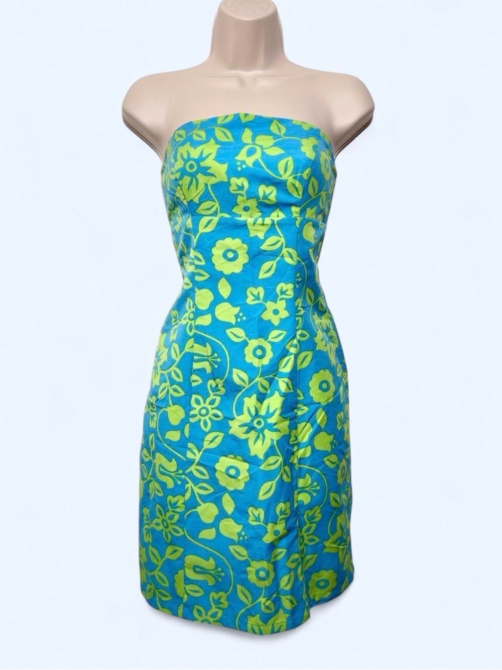 Vtg Y2K Blue Lime Green Hibiscus Print Reversible Strapless Minidress